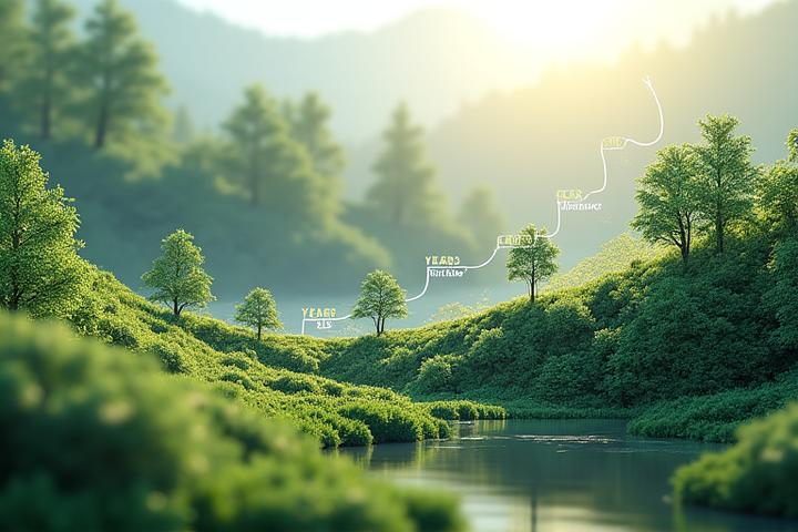 A visually engaging timeline graphic illustrating a 25-year commitment to ecological restoration, showing milestones like initial planting, species establishment, and mature ecosystem, with human figures actively involved at different stages.