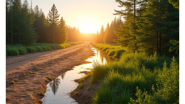 Time-lapse of a barren land transforming into a lush, biodiverse wetland due to human intervention and planting, symbolizing habitat transformation through guest restoration work.