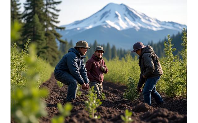 Volunteers planting young saplings in a clear-cut forest area on the slopes of Mount Hood, demonstrating old-growth forest rehabilitation.