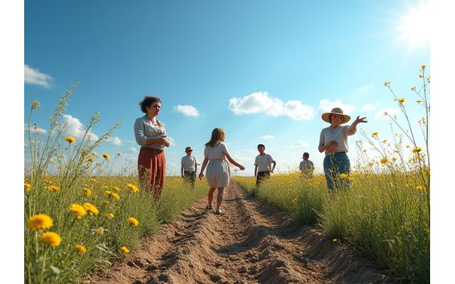 A diverse group of people scattering native wildflower seeds across a vast, open prairie landscape, under a clear blue sky.
