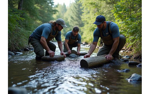 Group of citizen scientists carefully placing rocks and woody debris in a shallow stream, improving salmon spawning habitat.