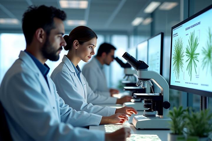 Scientists in a modern, well-lit lab examining plant samples under microscopes, with ecological data displayed on screens, symbolizing scientific rigor.