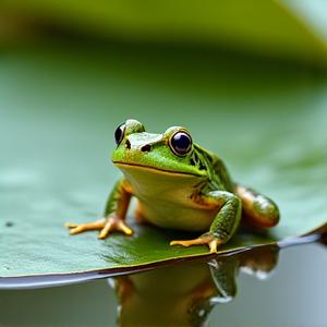 Close-up of a small, vibrant Oregon spotted frog on a lily pad in a clear wetland pond, with a blurred natural background.