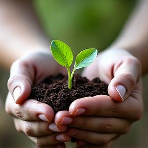 Close-up of human hands carefully transplanting a tiny, rare native plant seedling into prepared soil in a natural setting.