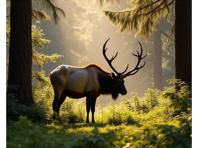 An elk grazing peacefully in a lush Oregon forest, with photography considerations for large mammals.