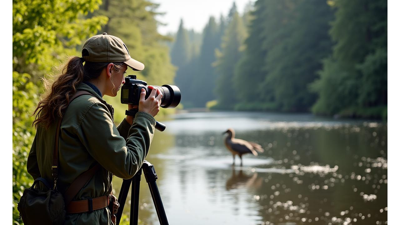 A serene photographer, using a long lens, capturing a rare bird from a respectful distance in a lush green forest, emphasizing ethical wildlife viewing.