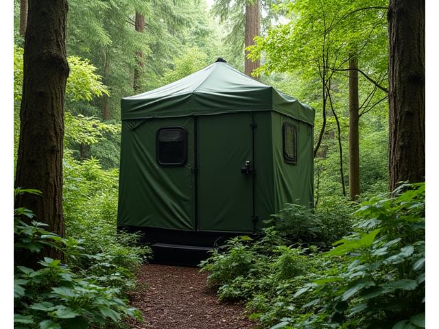 A camouflaged photography blind (hideout) discreetly set up in a forest, blending with the surroundings.
