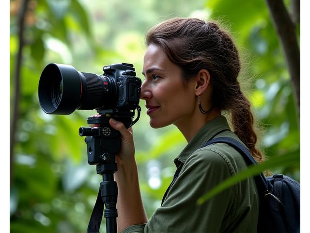 Dr. Eleanor Vance, a nature photographer, with a telephoto lens, in a lush rainforest habitat.