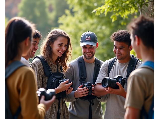 A diverse group of passionate photographers with cameras, engaged in a conversation with a mentor in a workshop setting, surrounded by natural light.
