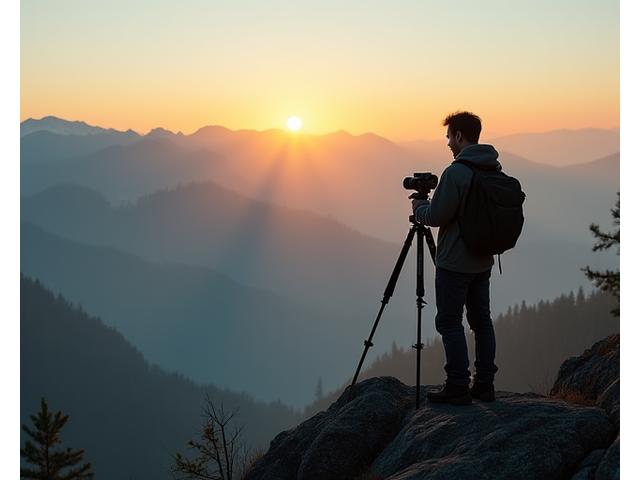 Liam Chen, a landscape photographer, adjusting camera settings at dawn overlooking a misty mountain range.