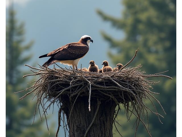 An Osprey in its nest, high on a tree, being photographed from a safe distance with a long lens.