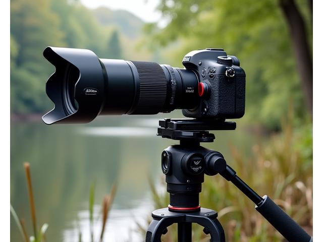 A high-end telephoto lens and camera setup on a tripod, ready for wildlife photography.