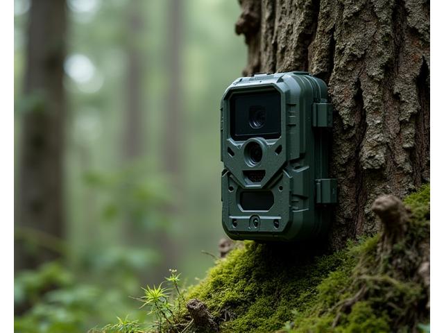 A discreet trail camera mounted on a tree in a forest, capturing wildlife remotely.